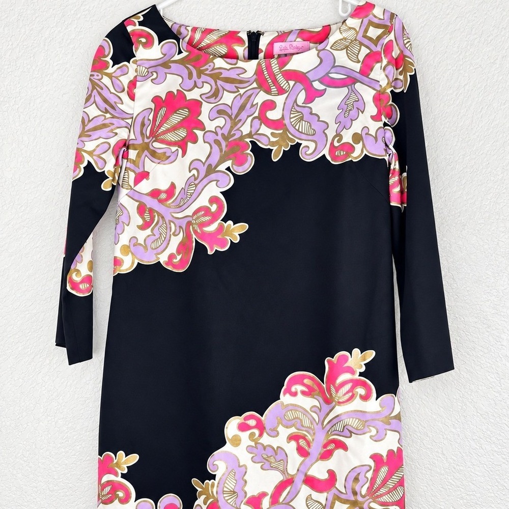Lilly Pulitzer Mini Dress 0 Black Pink Floral 3/4 Sleeve Shift Sheath Cotton